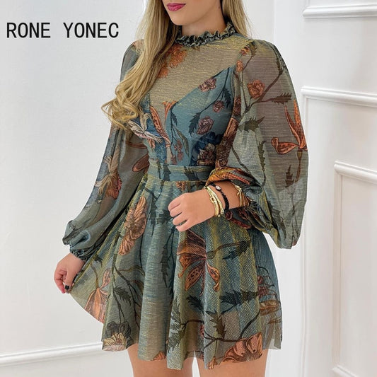 Women Chic Round Frill HemNeck Mesh Puff Sleeve Mini Party Dress