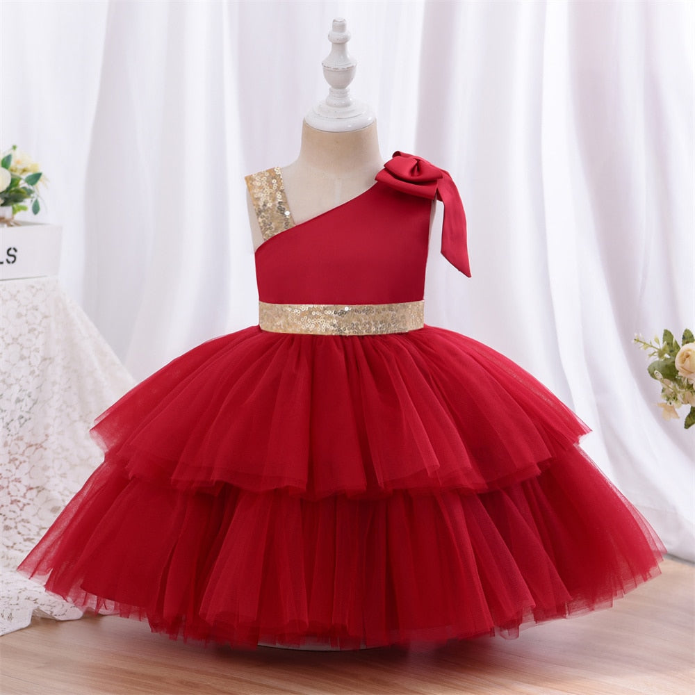 Yoliyolei Fashion Tulle Layers Flower Girl Dresses Red Champagne Gold Waist Belt Shoulderless Baby Casual Dress for Girls