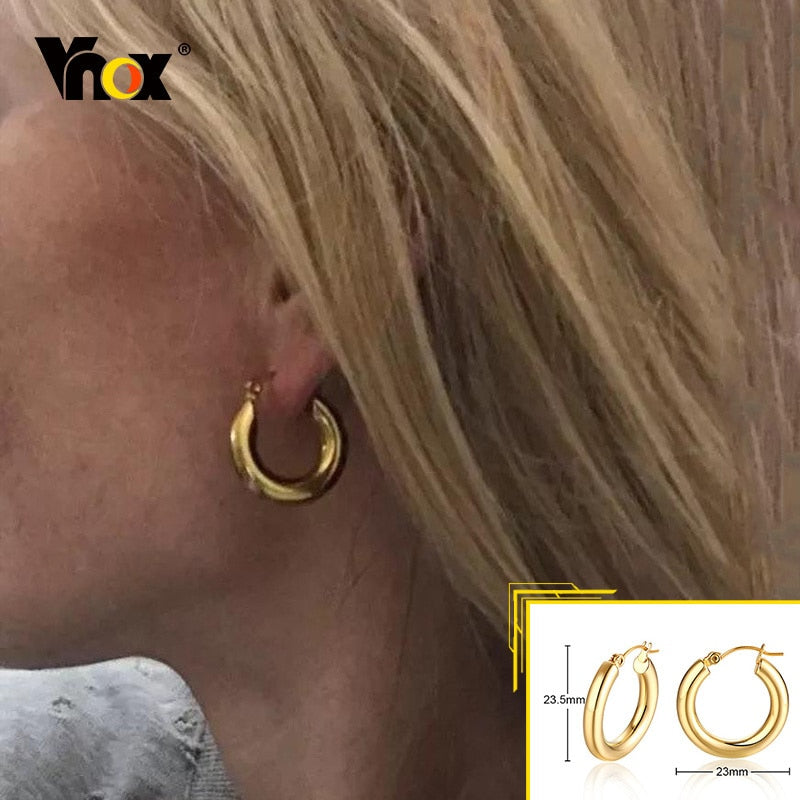 Vnox Minimalist Metal Hoop Earrings for Women, Gold Color Stainless Steel Chic Lady Girl Circle Earrings, Vintage Party Jewelry