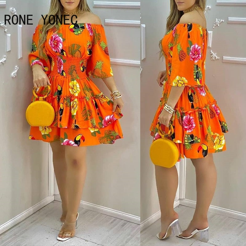 Women Tropical Print Off Shoulder Casual Dress Vacation Dress 2021