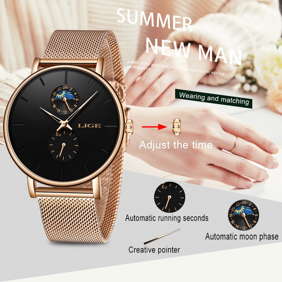 LIGE Womens Watches Top Brand Luxury Waterproof Watch Fashion Ladies Stainless Steel Ultra-Thin Casual Wrist Watch Quartz Clock