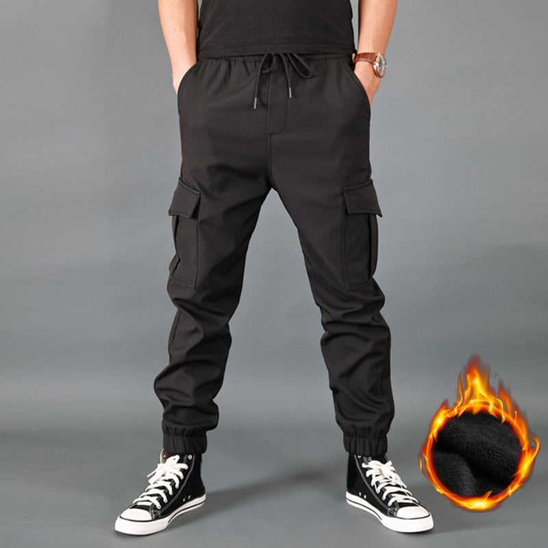 Winter Men Pants Thick Fleece Joggers Multi Pocket Loose Sport Trousers Male Casual Warm Sweatpants Cargo Pants M-6XL