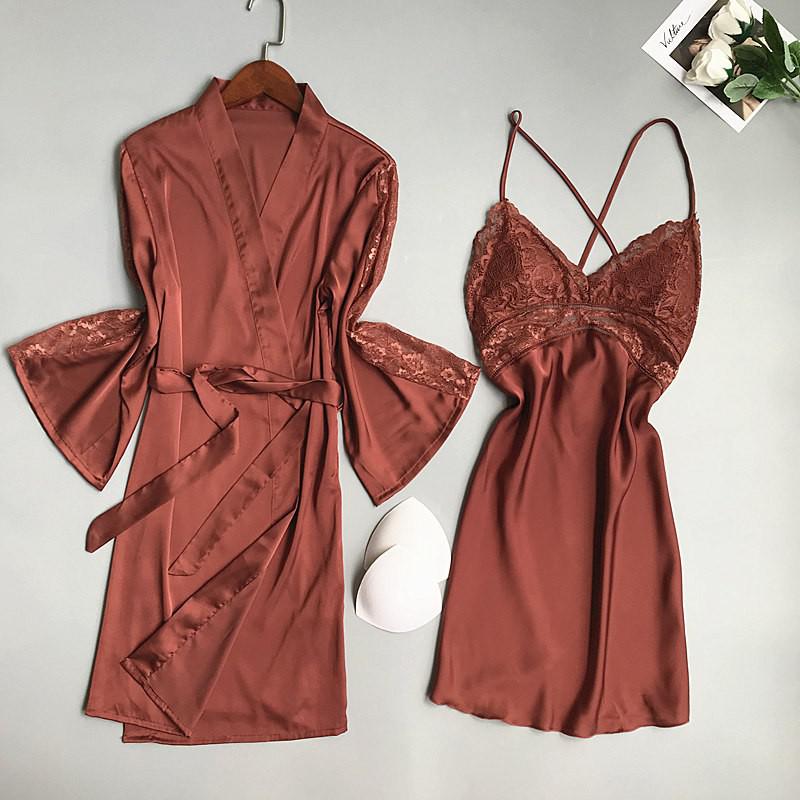 Sexy Women Rayon Kimono Bathrobe WHITE Bride Bridesmaid Wedding Robe Set Lace Trim Sleepwear Casual Home Clothes Nightwear