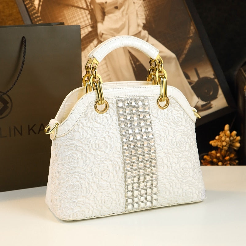 Luxury Fashion Diamonds Handbag Women Bag Leather Crocodile Pattern Female Handbags Shoulder Slung Rhinestone Flowers Lace Soft