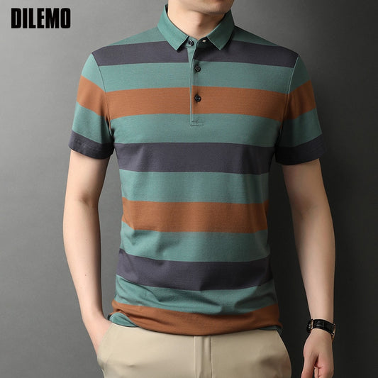 Top Grade New Summer Brand Striped Cotton Spandex Mens Designer Polo Shirts With Short Sleeve Casual Tops Fashions Men Clothing