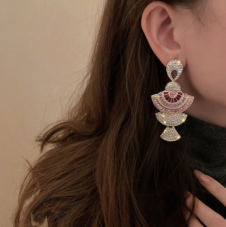 FYUAN Vintage Baroque Style Geometric Drop Earrings Women Pink Zircon Crystal Sector Dangle Earrings Banquet Jewelry Accessories