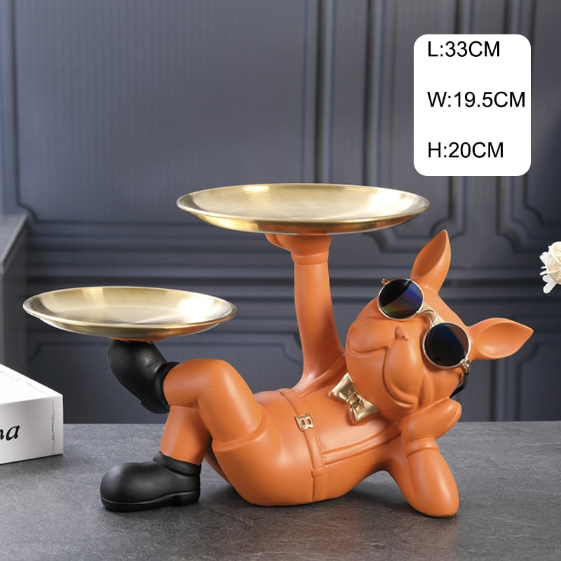 Resin Décor Dog Statue Butler with Tray for Storage Table Live Room French Bulldog Ornaments Decorative Sculpture Craft Gift