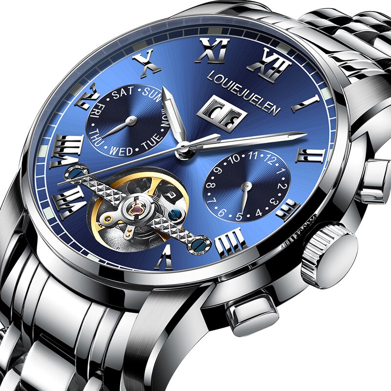 BELUSHI Men Automatic Mechanical Watch Luxury Business Stainless Steel Watches Luminous hands Tourbillon Waterproof Wristwatch