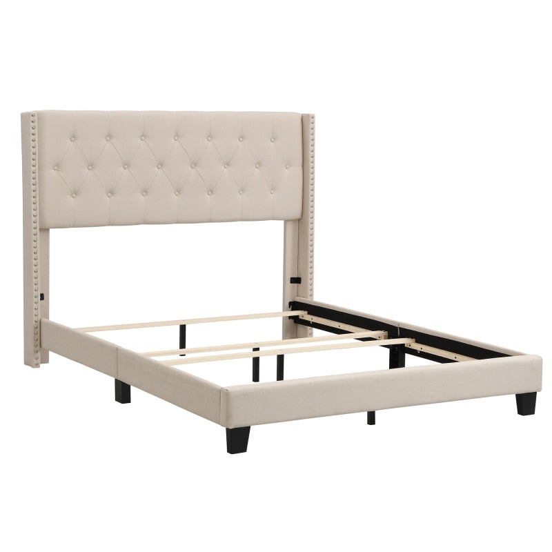 Upholstered Platform Bed with Classic Headboard, Box Spring Needed, Beige Linen Fabric, Bedroom Furniture Queen Size Beige/Gray