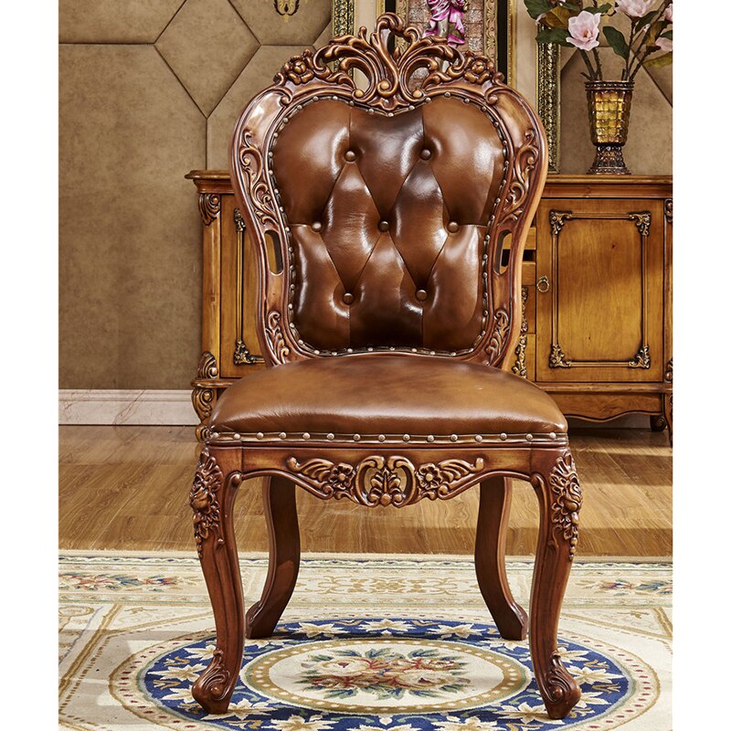 Antique Color Marble Dining Table and Chair European-style Long Luxury Villa Solid Wood Carved