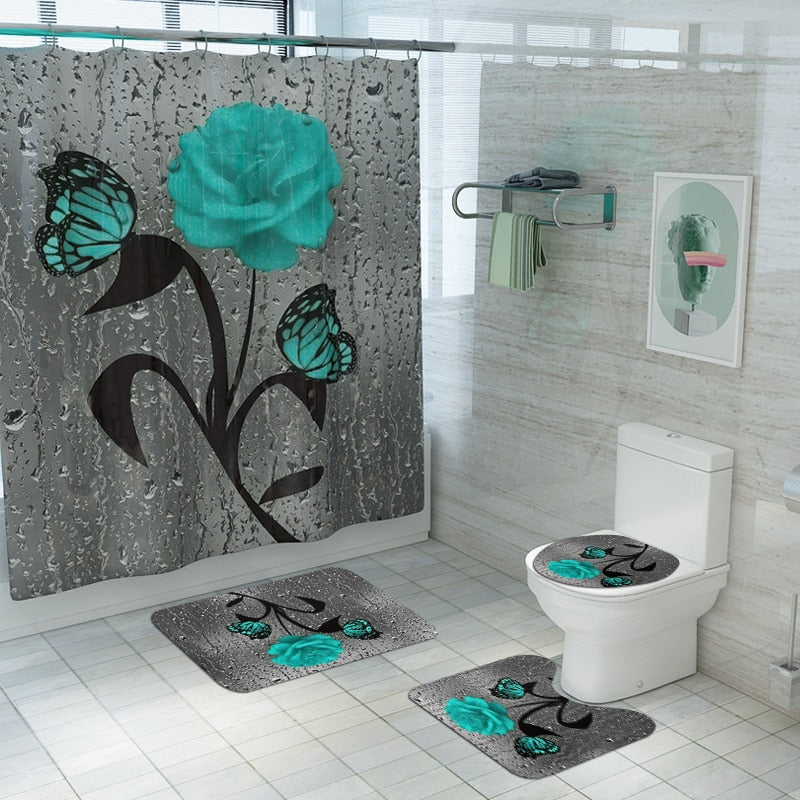 Floral Bath Mat and Shower Curtain Set Shower Curtain with Hooks Bath Rugs Anti Skid Bathroom Carpet Toilet Foot Pad Bath Mat