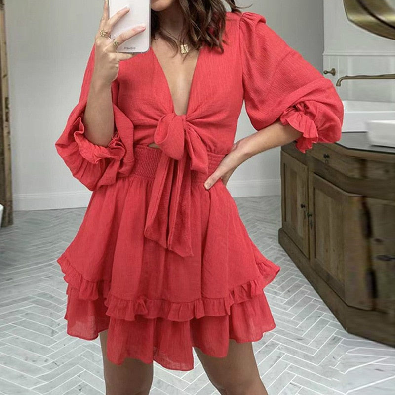 Women Autumn Spring V-neck Solid Color Short Ruffles Dress Lace Up Sexy A-line Dress Party Vestido 2021 Puff Long Sleeve Dresses