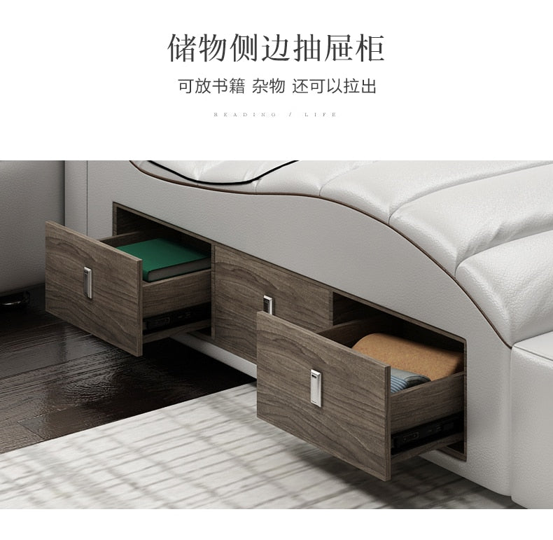 Genuine Leather multifunctional massage bed frame Nordic camas ultimate bed LED light Bluetooth speaker safe radio notepad board