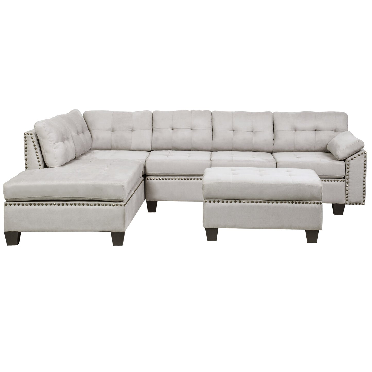 Sectional Sofa Set With Chaise Lounge And Storage Ottoman Nail Head Detail Grey