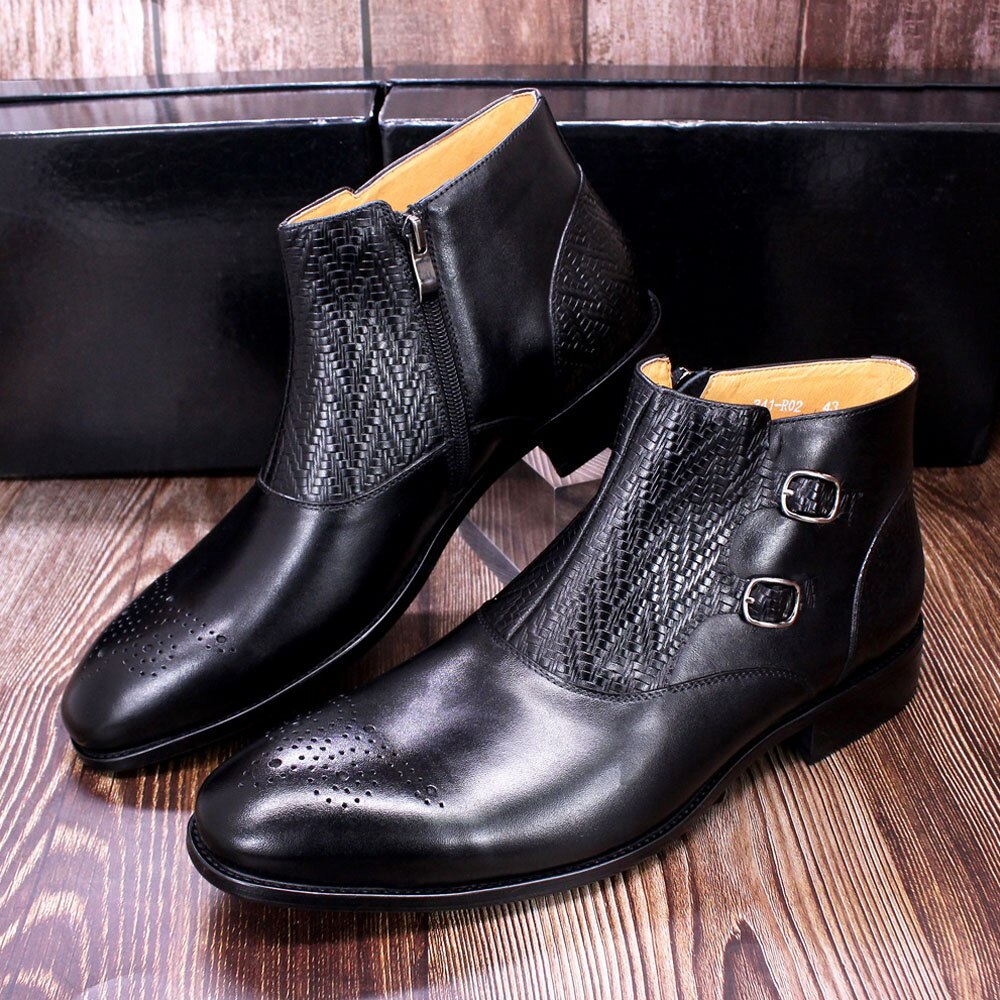 British Style Mens Ankle Boots Genuine Leather Handmade Zip Strap Double Buckle High Top Fashion Dress Shoes Boots Men Black