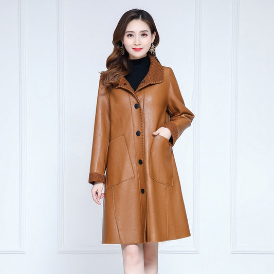 Winter warmth faux leather moto coat women black Brown  tops PU jacket 2020 new lapel leisure fashion plus thick coat
