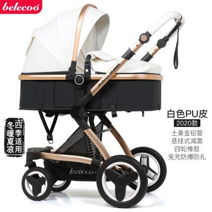 Belecoo baby stroller high landscape baby stroller basket can sit lying folding 3in1 leather baby stroller with car seat  gift