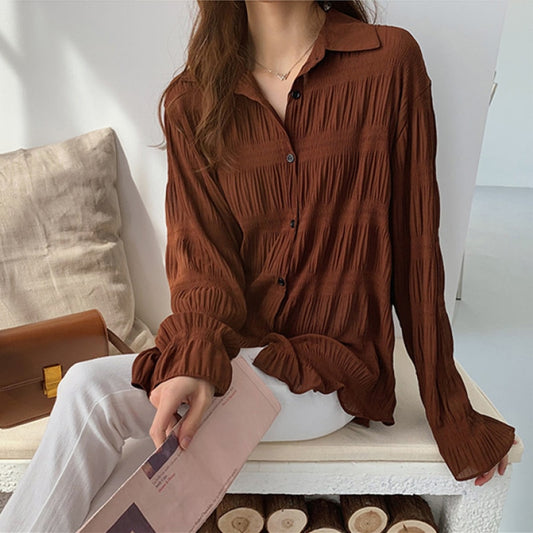New 2022 Spring Vintage Elegant Women Chiffon Blouses Casual Long Sleeve Blusas Femme Turn-down Collar Solid Shirts Female Tops