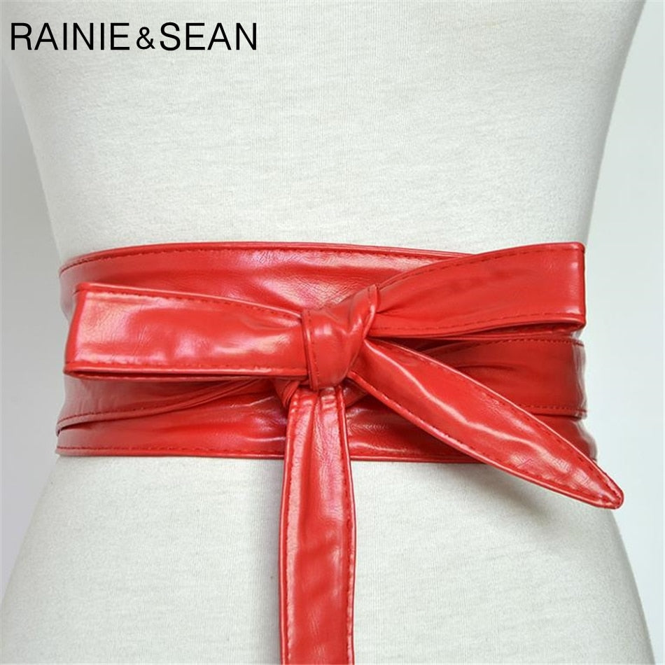 RAINIE SEAN Women Belt Leather Cummerbunds For Women Burgundy Belt For Coat Bow Self Tie Wrap Brand Ladies Fashion Belt