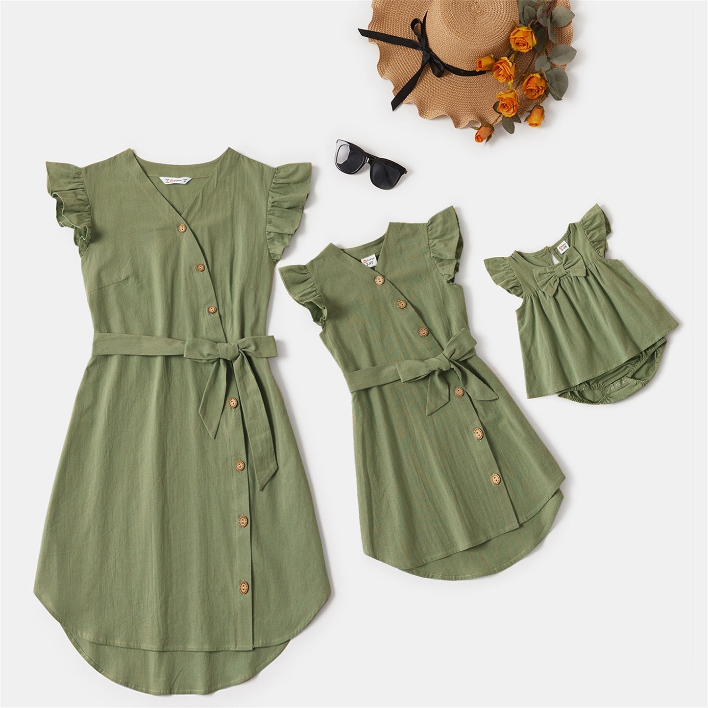 PatPat 100% Cotton Solid Flutter-sleeve Matching Green/Pink/ArmyGreen Midi Dress Family Matching Mother Kids Family Look Clothes