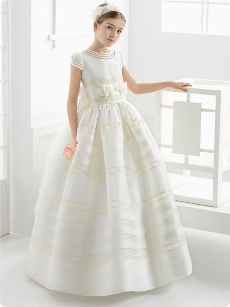 Cute Ball Gown White First Communion Dresses for Girls Satin Empire Bow Floor Length Flower Girl Dresses for Weddings Birthday