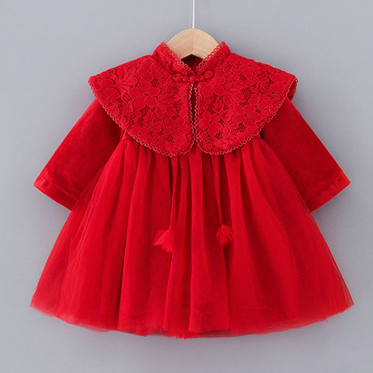 Baby Girl Tang Suits Chinese Style 2021 Winter Lace Shawl A-Line Girls Winter Dress Warm Red New Year Party Fairy Princess Dress