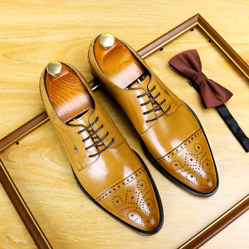 Italian Flat Men Dress Shoes Genuine Leather Office Business Wedding Handmade Mixed Color Brogue Formal Pointed Toe Oxfords Male