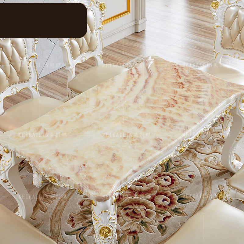 European-style White Gold-painted Solid Wood Dining Table Pink Dragon Jade Marble Long Dining Table Leather Dining Chair