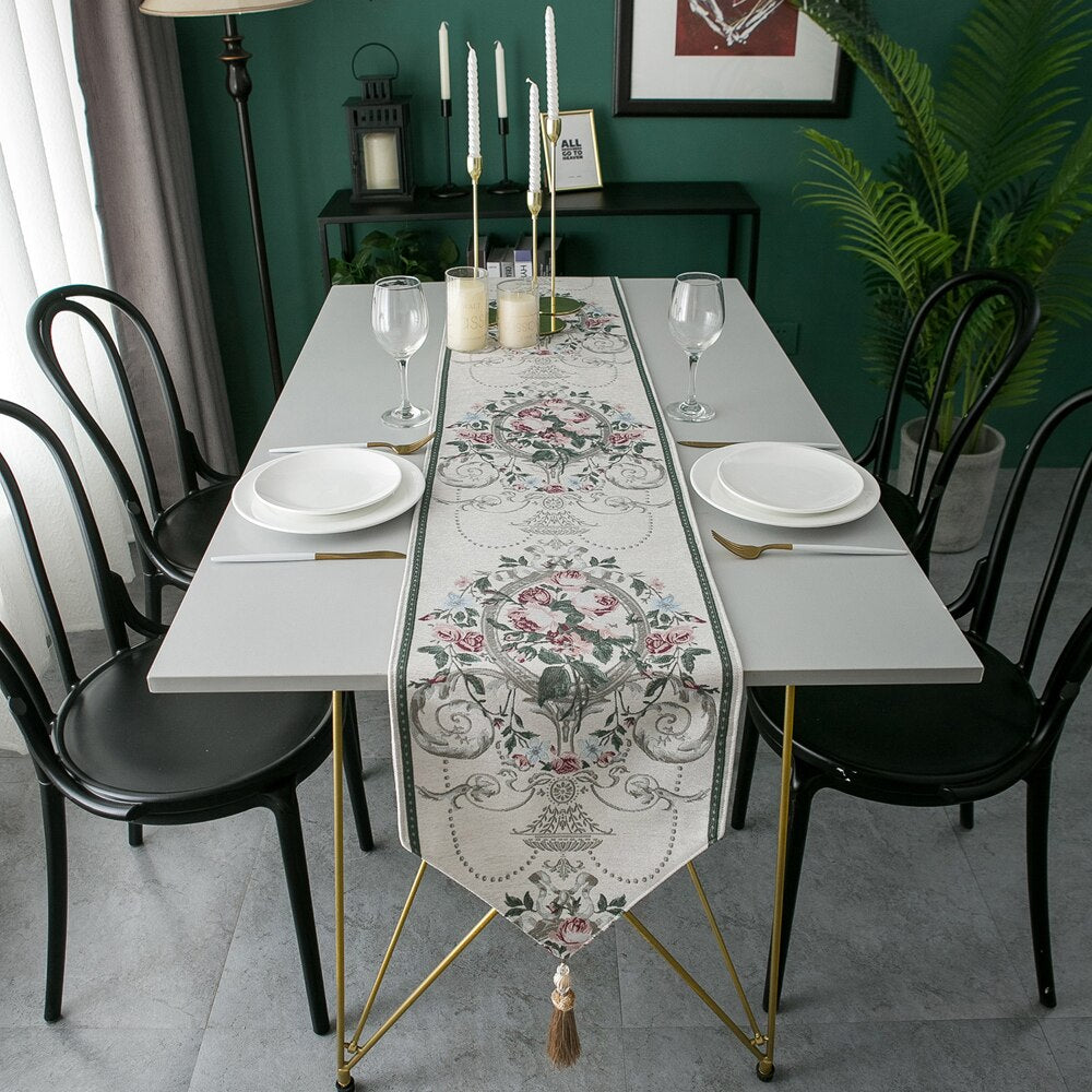 Table Runner European Jacquard Geometric Hotel Dining Decoration Table Cloth Tablecloth Coffee Table Bed Runner Green Tablewear