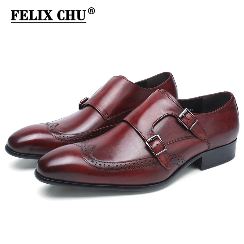 FELIX CHU High Quality Genuine Leather Men Formal Shoes Party Pointed Toe Dressy Wedding Burgundy Black Monk Strap Dress Shoes