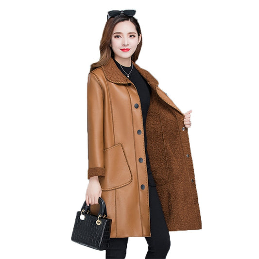 Winter warmth faux leather moto coat women black Brown  tops PU jacket 2020 new lapel leisure fashion plus thick coat