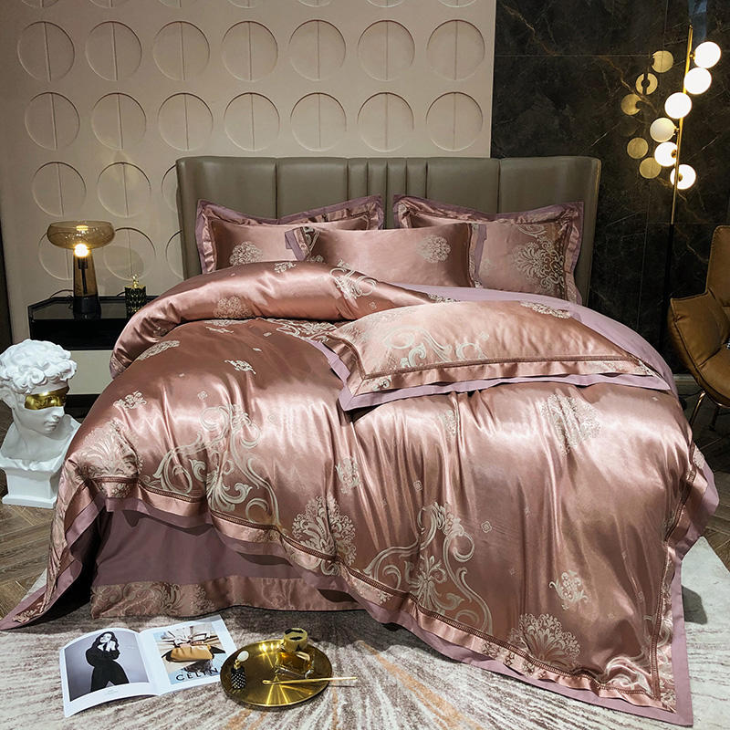 Sliver Gold Luxury Silk Satin Jacquard duvet cover bedding set queen king size Embroidery bed set bed sheet/Fitted sheet set