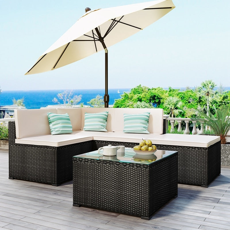 5-Piece Patio Rattan  With 2 Sofa Chairs, 1 Corner Chair, 1 Ottoman And 1 Glass Coffee Table PE Wicker Furniture Corner Sofa Set