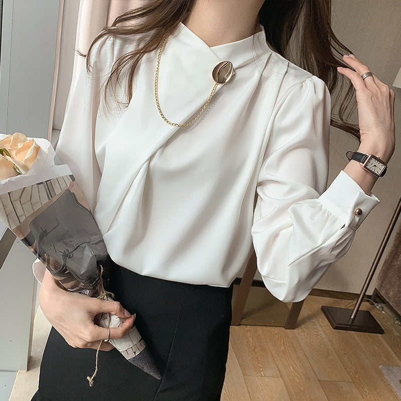 Women&#39;s Shirts Solid Satin Blouses for Women Chain Asymmetric Blouse Women Long Sleeve Top White O-neck Female 2022 Basic Shirt