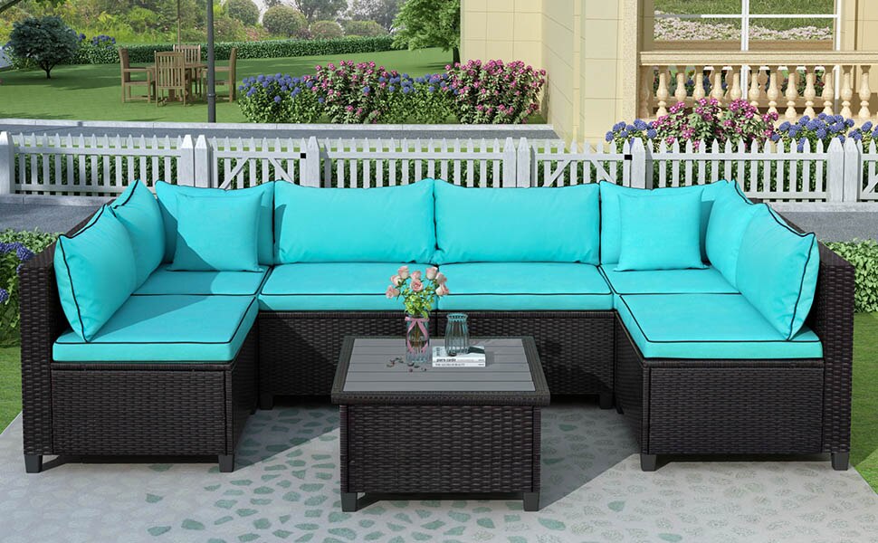 U-style Quality Rattan Wicker Patio Set, U-Shape Sectional  With Cushions And Accent Pillows Outdoor Furniture Set