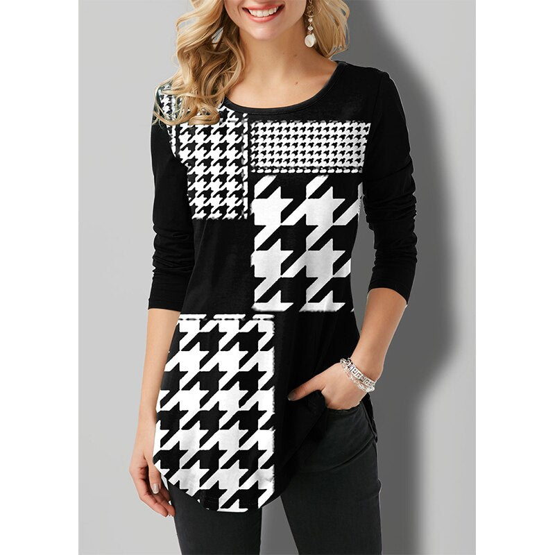 Houndstooth Flags Printing Oversized T-shirt Female Clothing Harajuku Vintage Y2k Tops Women 2021 Long Sleeve Aesthetic Tunic