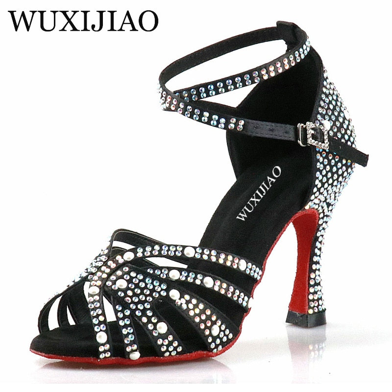 WUXIJIAO Women Latin Dance Shoes Rhinestones Soft Bottom Salsa Shoes For Dancing Ladies Sandals Women&#39;s Wedding Hight Heels 7.5C