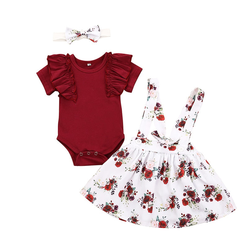 3Pcs Baby Girl Clothes Set Summer Newborn Infant Solid Color Romper Ruffle Floral Dress Overalls Outfit For Toddler Clothing