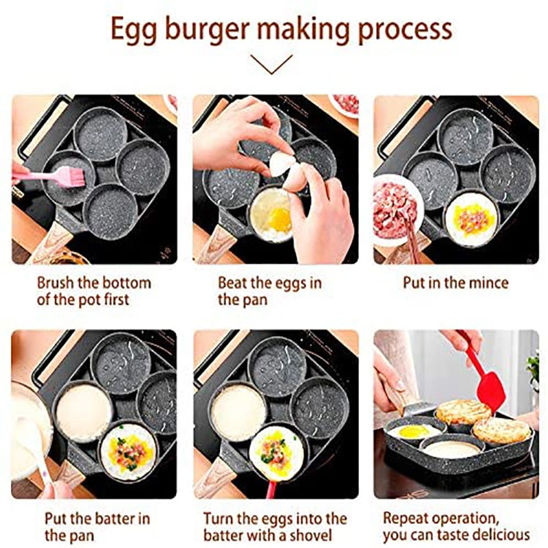 Non-stick Frying Pot Pan 2/4 Holes Steak Egg Pancake Thickened Omelet Pan Wooden Handle Pan For Kitchen Utensils