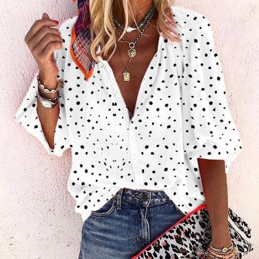 Spring Summer Tops Women Buttoned Up Shirt Office Ladies Polka Dot Print Blouses Casual Wave Point V Neck Loose Shirts Blusas