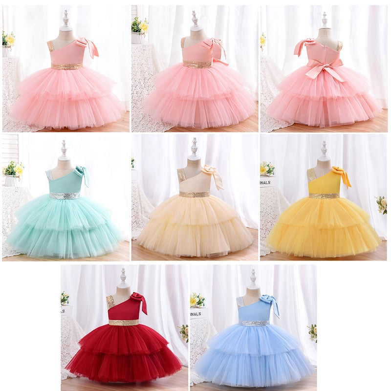 Yoliyolei Fashion Tulle Layers Flower Girl Dresses Red Champagne Gold Waist Belt Shoulderless Baby Casual Dress for Girls