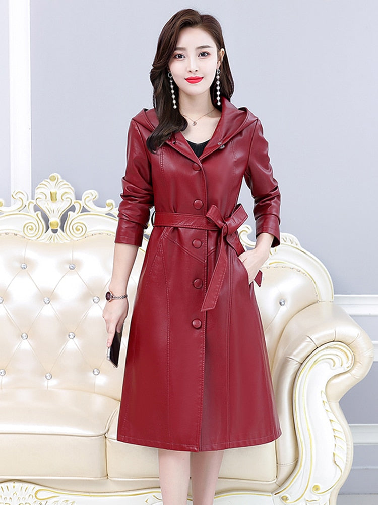 New Women Leather Trench Coat Spring Autumn 2022 Casual Fashion Hooded Solid Color Knee-Length Slim Long Sheepskin Overcoat