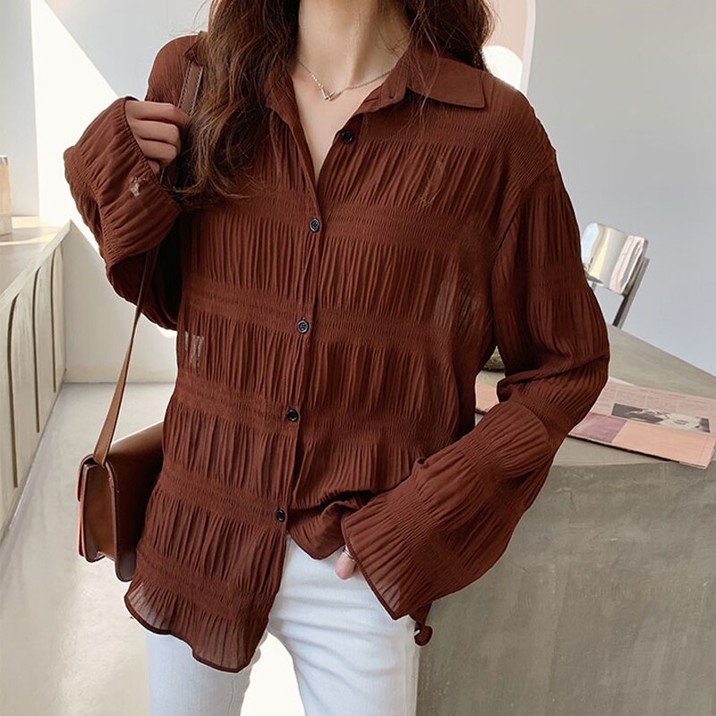 New 2022 Spring Vintage Elegant Women Chiffon Blouses Casual Long Sleeve Blusas Femme Turn-down Collar Solid Shirts Female Tops