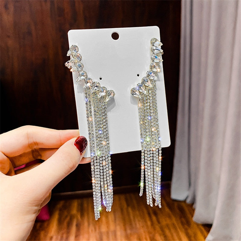 FYUAN Fashion Long Tassel Full Rhinestone Drop Earrings for Women Bijoux Shiny Water Drop Crystal Dangle Earrings Jewelry Gifts