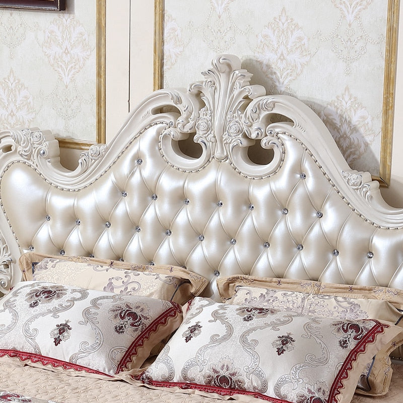 European Style Carved Leather Bed Wedding Bed 1.8 Meters Furniture Leather All Solid Wood Carved Bed Princess Double Bed