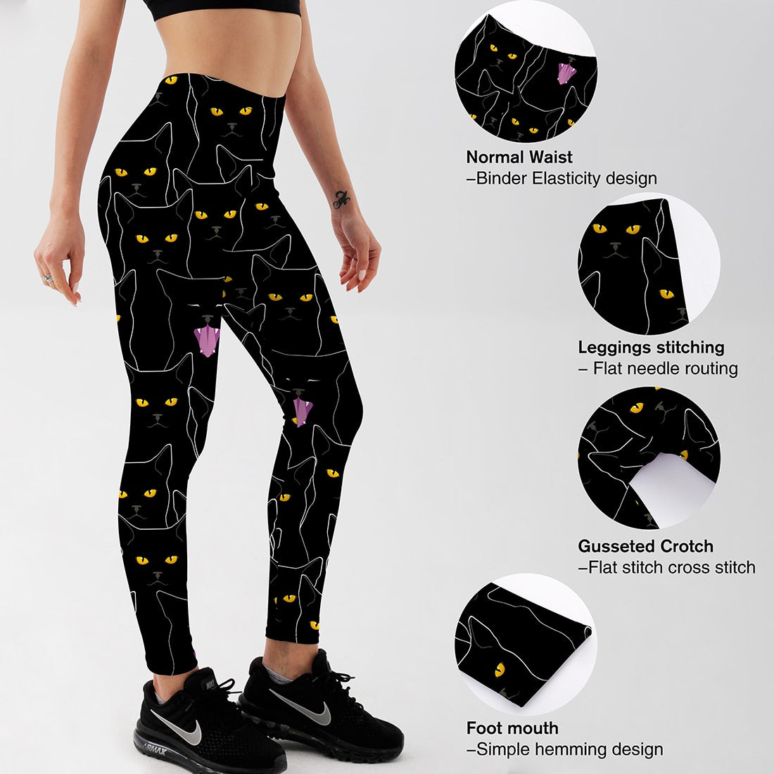Qickitout Summer Style Fitness Women Leggings Black Cute Cats Printed Leggings Slim Workout Leggings Ankel Length Pants S-4XL