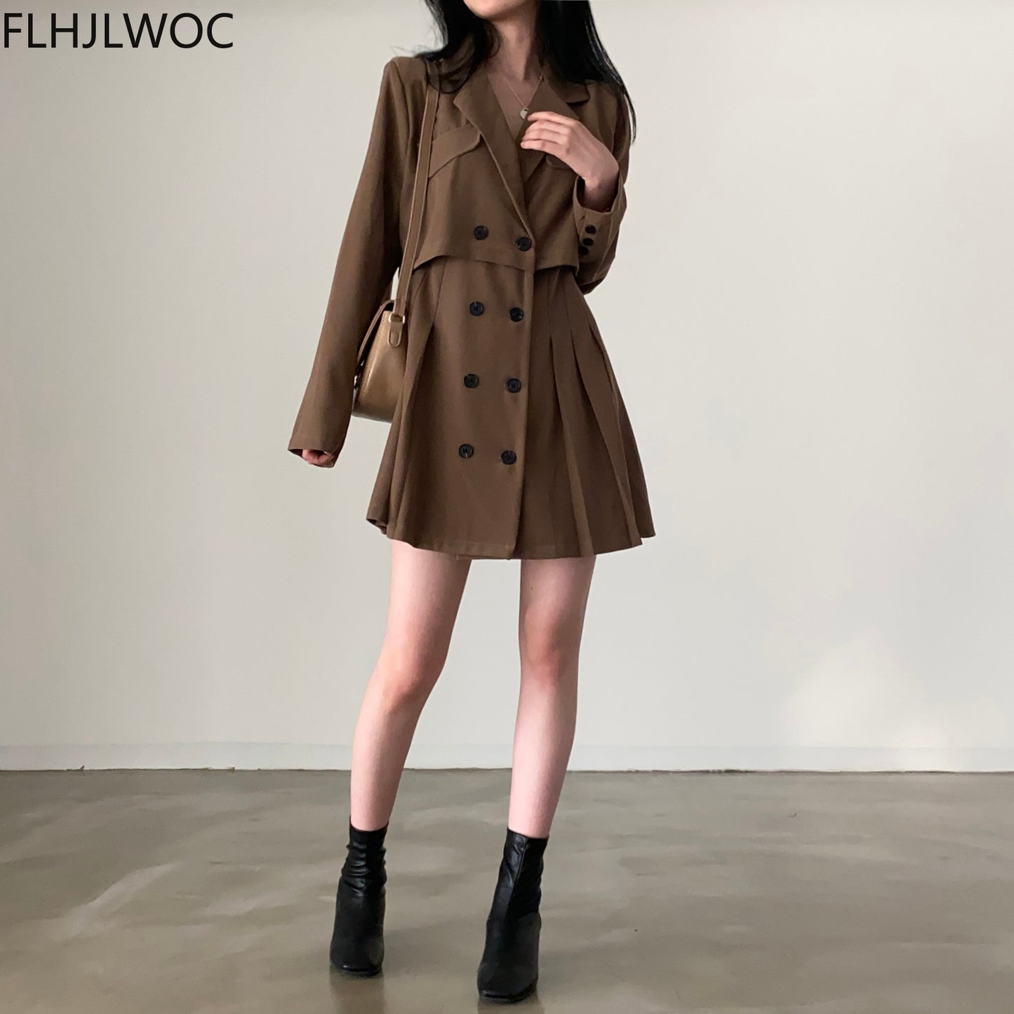 2021 Autumn Winter Outerwear Long Coat Jackets Solid Double-Breasted Button Office Lady Retro Vintage Suits Tunic Black Blazers