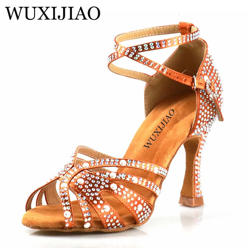 WUXIJIAO Women Latin Dance Shoes Rhinestones Soft Bottom Salsa Shoes For Dancing Ladies Sandals Women&#39;s Wedding Hight Heels 7.5C