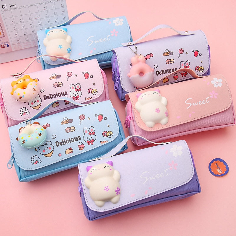 Decompression pencil case Portable cute pencil bag Cartoon school stationery bag Student pen case Unzip children pen bag prize