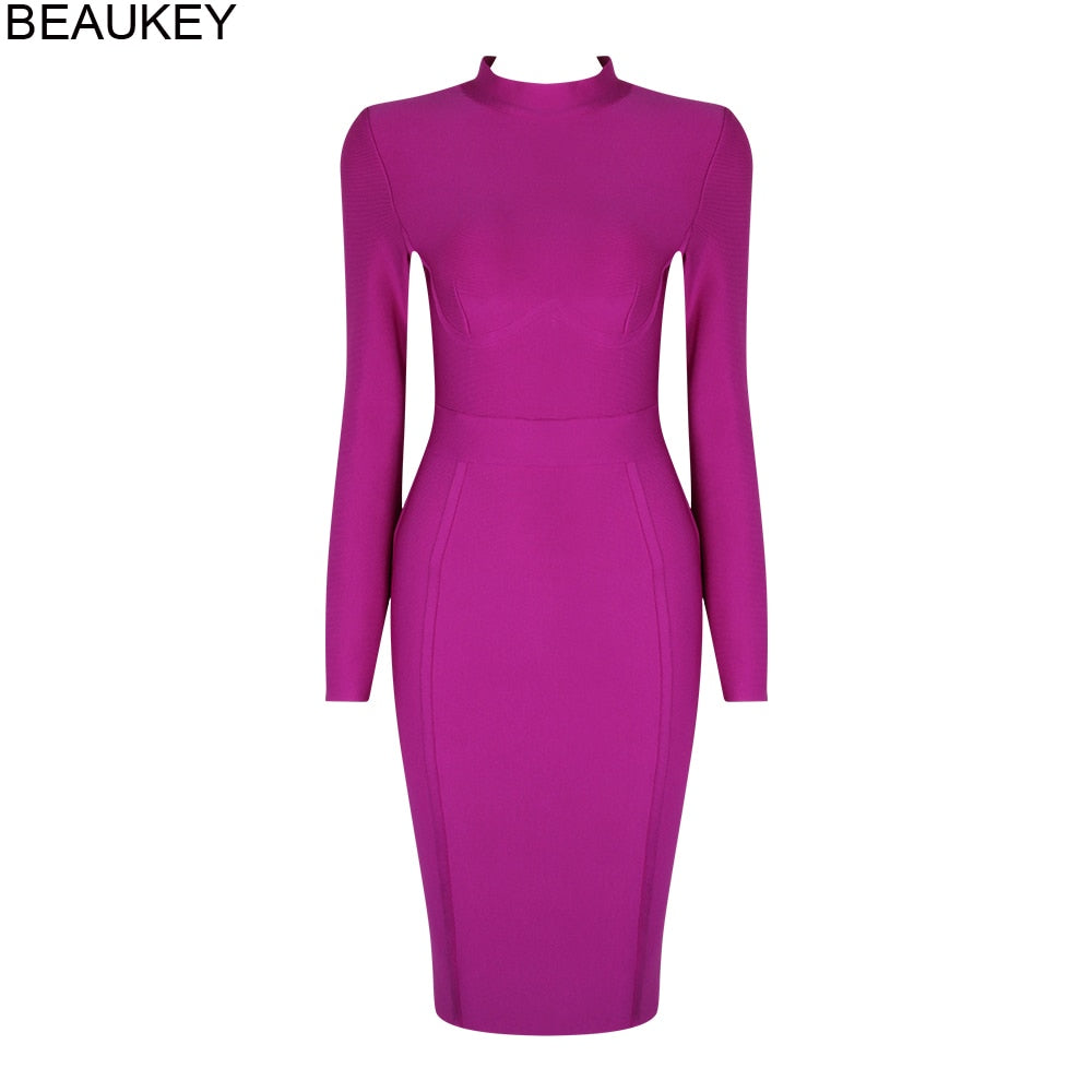 BEAUKEY Long Sleeve Knee Length Top Quality HL Bandage Dress Office Lady Bodycon Dress Color Black Wine Red Purple Plus Size XL